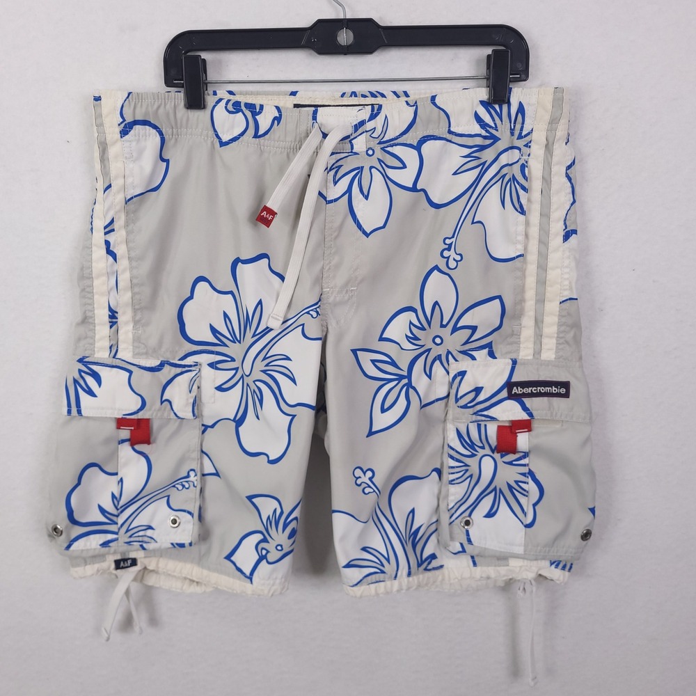 Vintage Abercrombie Board Shorts Mens 33 Hibiscus Floral Cargo Y2K Surf Trunks